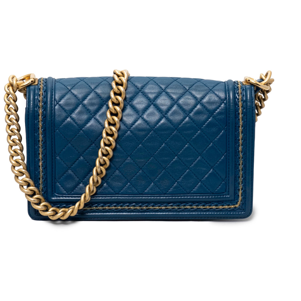 Your Bag Now Mine pre-owned blue quilted leather Chanel Medium Boy bag with aged-tone chain strap and push-lock