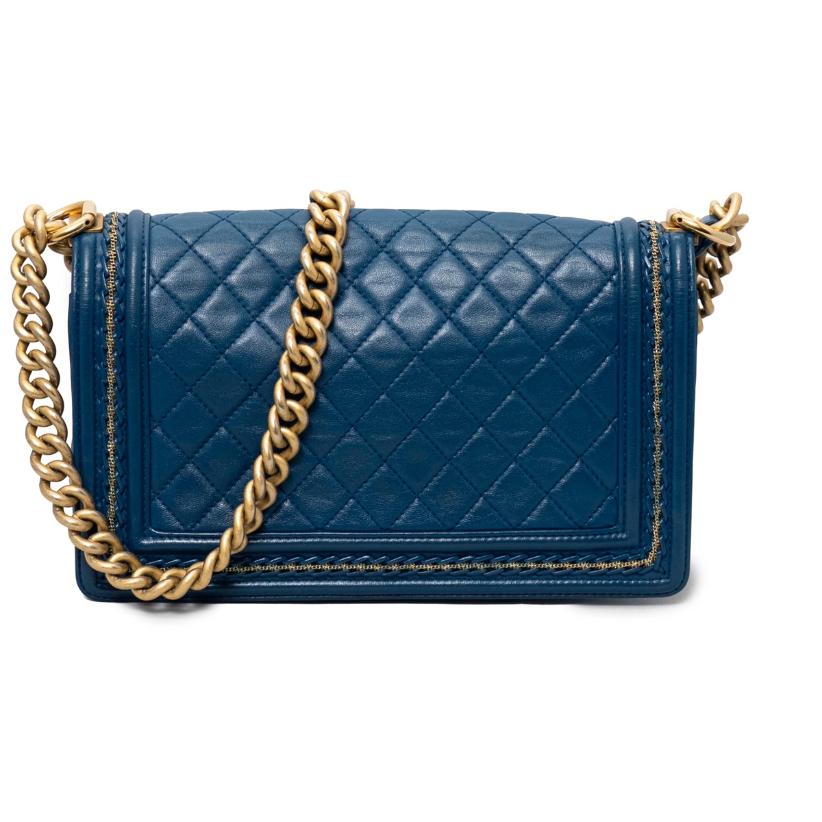 Your Bag Now Mine pre-owned blue quilted leather Chanel Medium Boy bag with aged-tone chain strap and push-lock