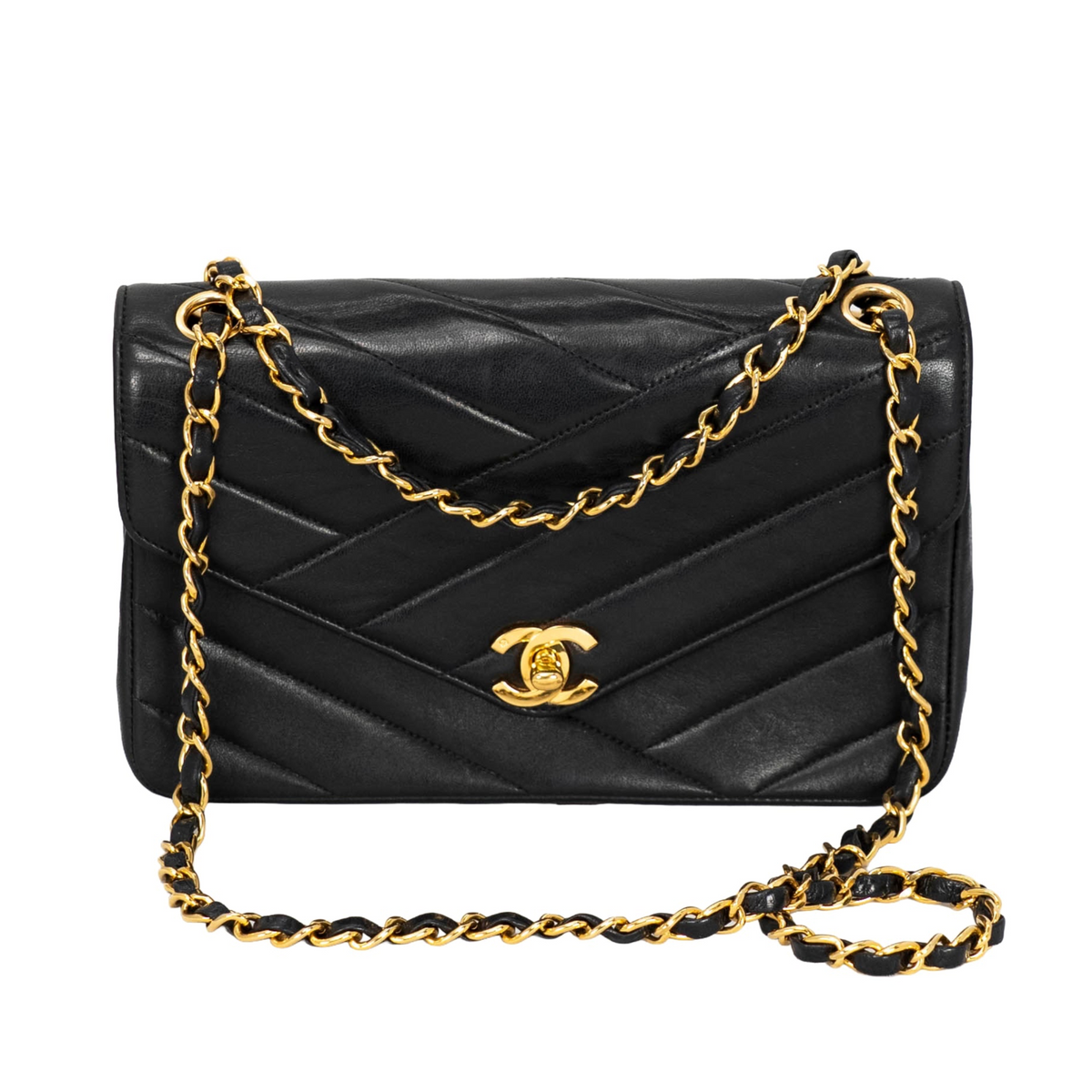 Your Bag Now Mine Chanel black chevron-quilted lambskin leather flap bag with gold-tone chain strap and CC logo lock