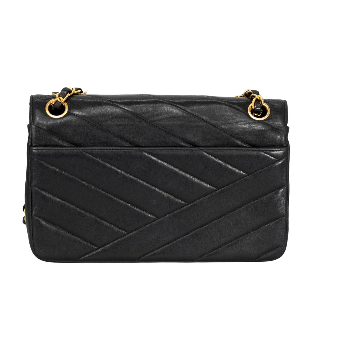 Your Bag Now Mine black chevron-quilted lambskin Chanel flap bag with gold-tone chain strap, back view.