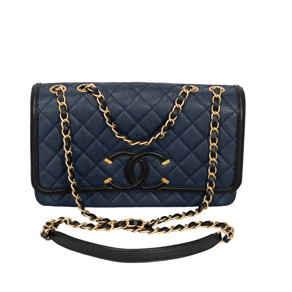 Your Bag Now Mine Chanel blue caviar leather CC Filigree shoulder bag with diamond quilting and gold-tone chain strap