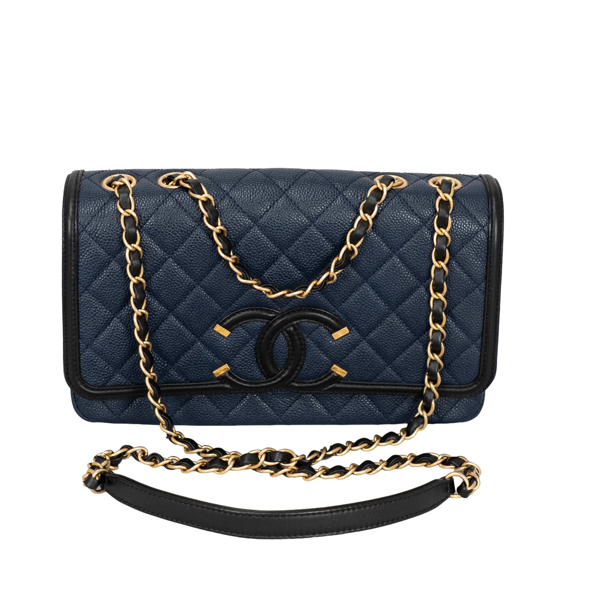 Your Bag Now Mine Chanel blue caviar leather CC Filigree shoulder bag with diamond quilting and gold-tone chain strap