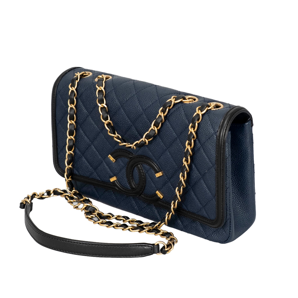 Your Bag Now Mine Chanel blue caviar leather CC Filigree shoulder bag with diamond quilting and gold-tone chain strap