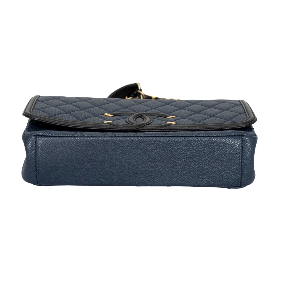 Your Bag Now Mine Chanel blue caviar leather CC Filigree shoulder bag with diamond quilting and gold hardware