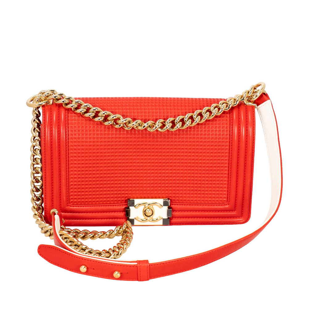 Your Bag Now Mine Chanel Boy shoulder bag in red caviar leather with gold-tone hardware and chain strap