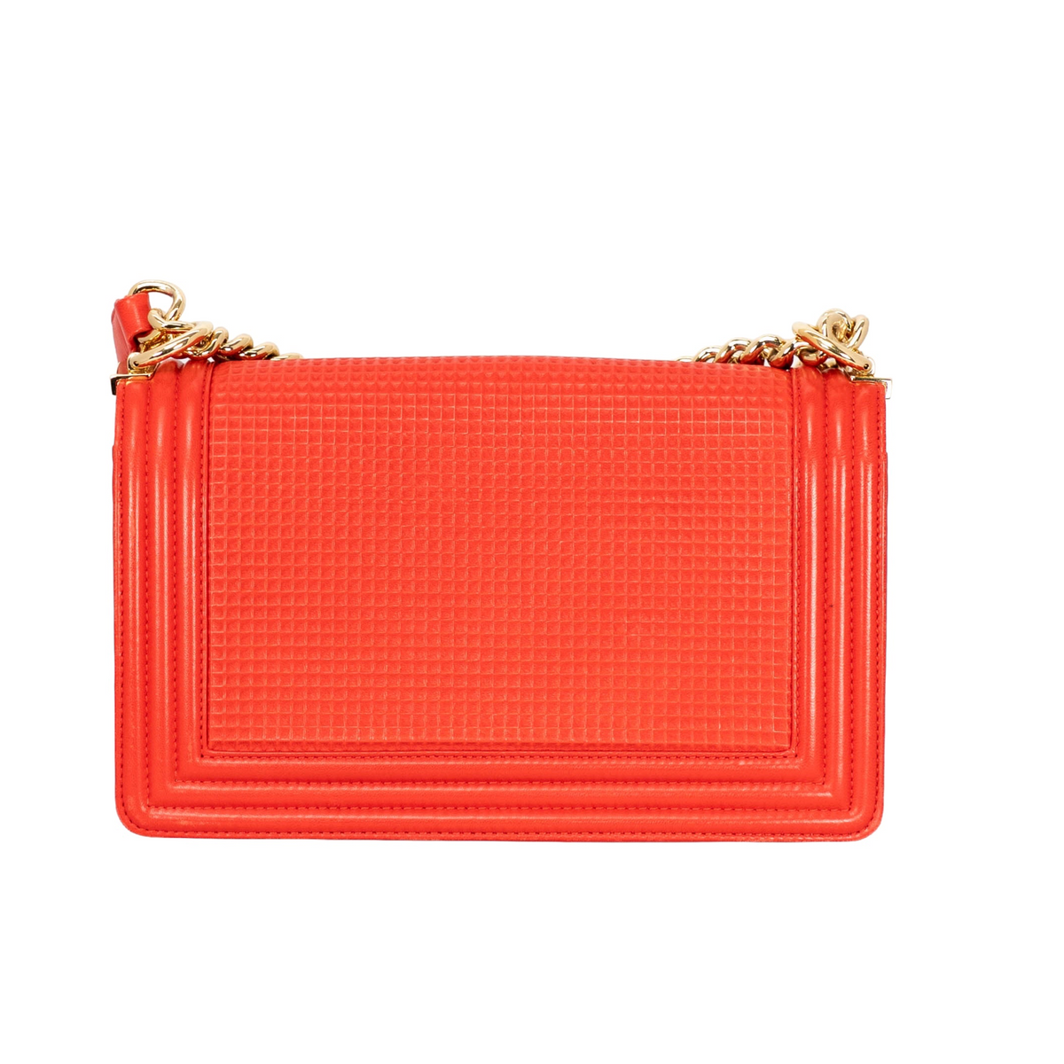 Your Bag Now Mine Chanel Boy shoulder bag in red caviar leather with gold-tone chain strap and quilted texture
