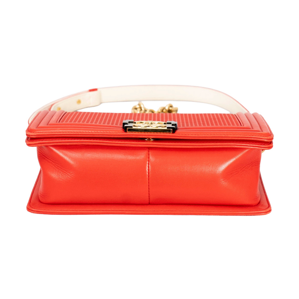 Your Bag Now Mine Chanel Boy shoulder bag in red caviar leather with gold-tone hardware and signature push-lock.
