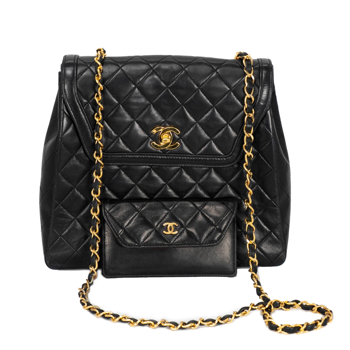Your Bag Now Mine Chanel black quilted leather trapezoid shoulder bag with gold-tone CC hardware and chain straps.