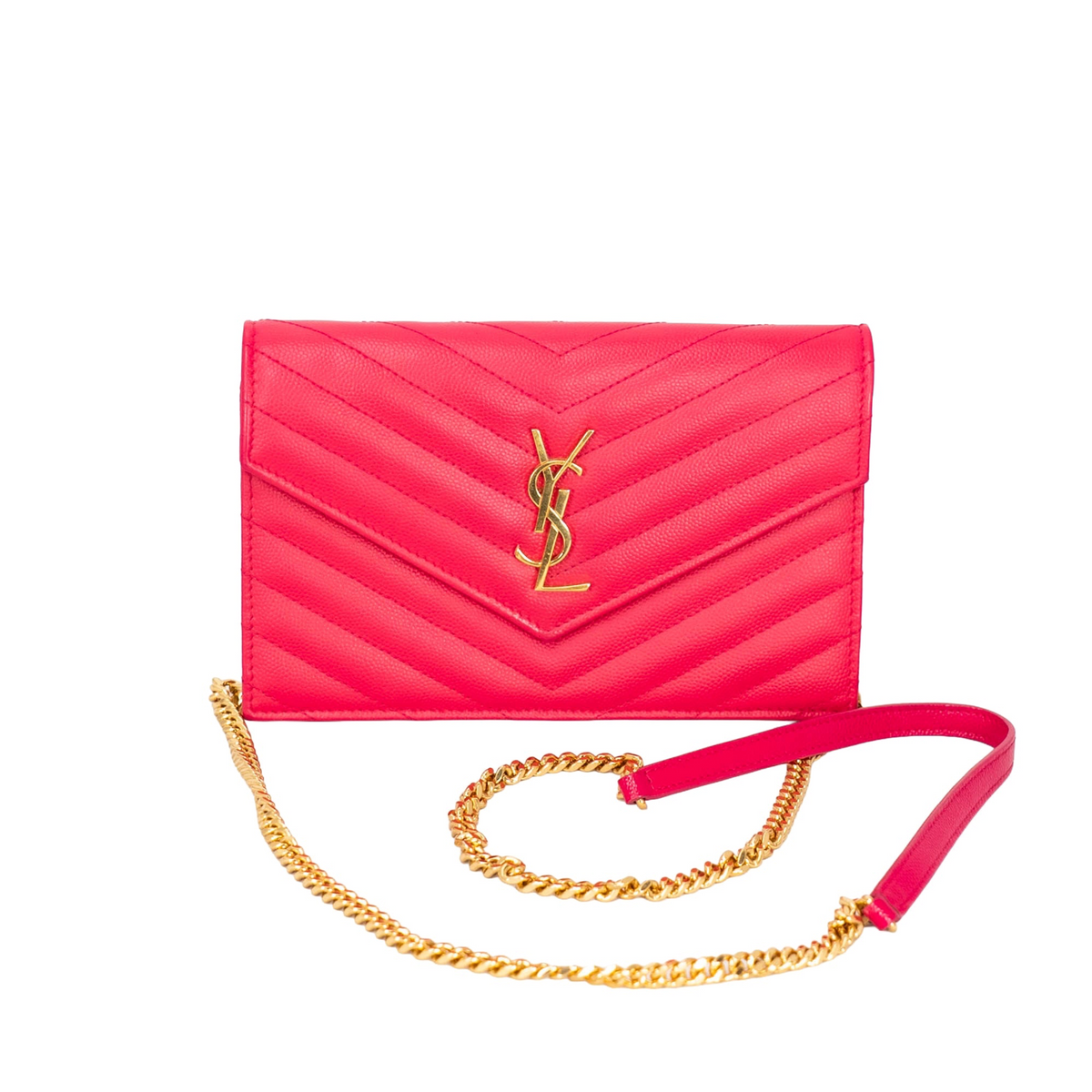 Yves Saint Laurent pink envelope handbag with gold YSL logo on V-shape front flap and gold strap.