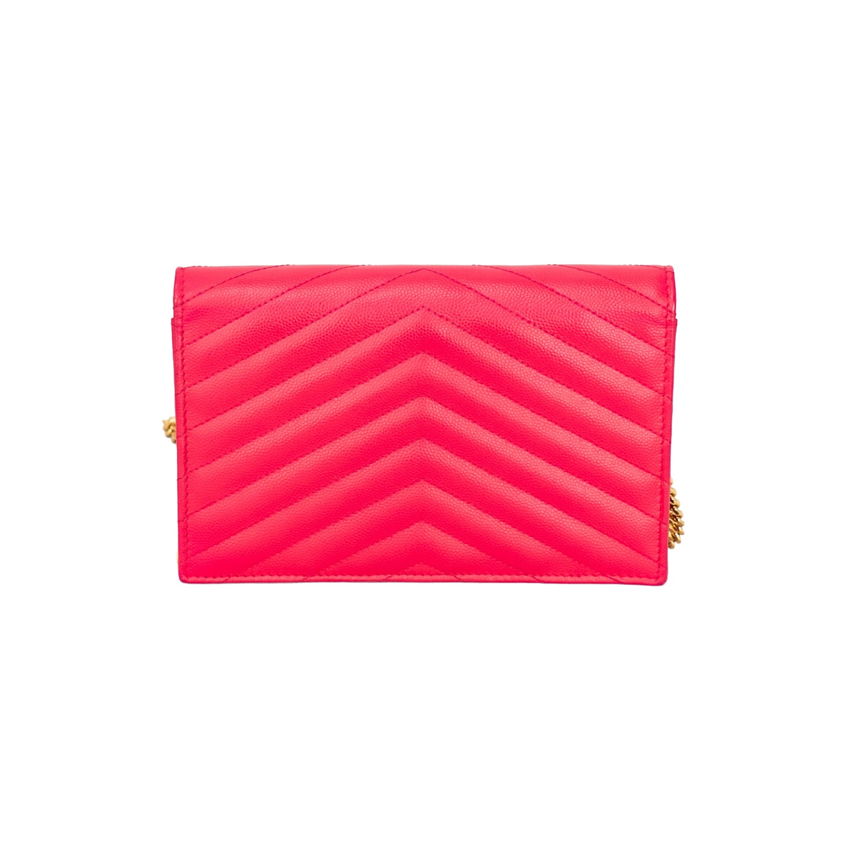 back view of Yves Saint Laurent pink envelope handbag with gold YSL logo on V-shape front flap and gold strap.