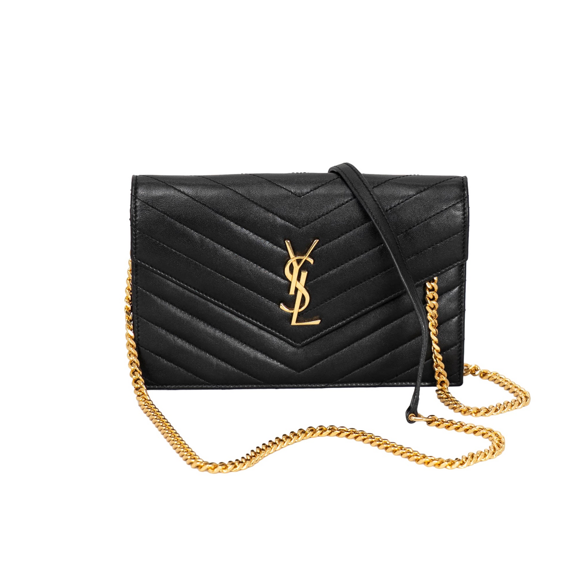Your Bag Now Mine Saint Laurent Cassandra wallet on a chain in black quilted leather with gold YSL monogram hardware.