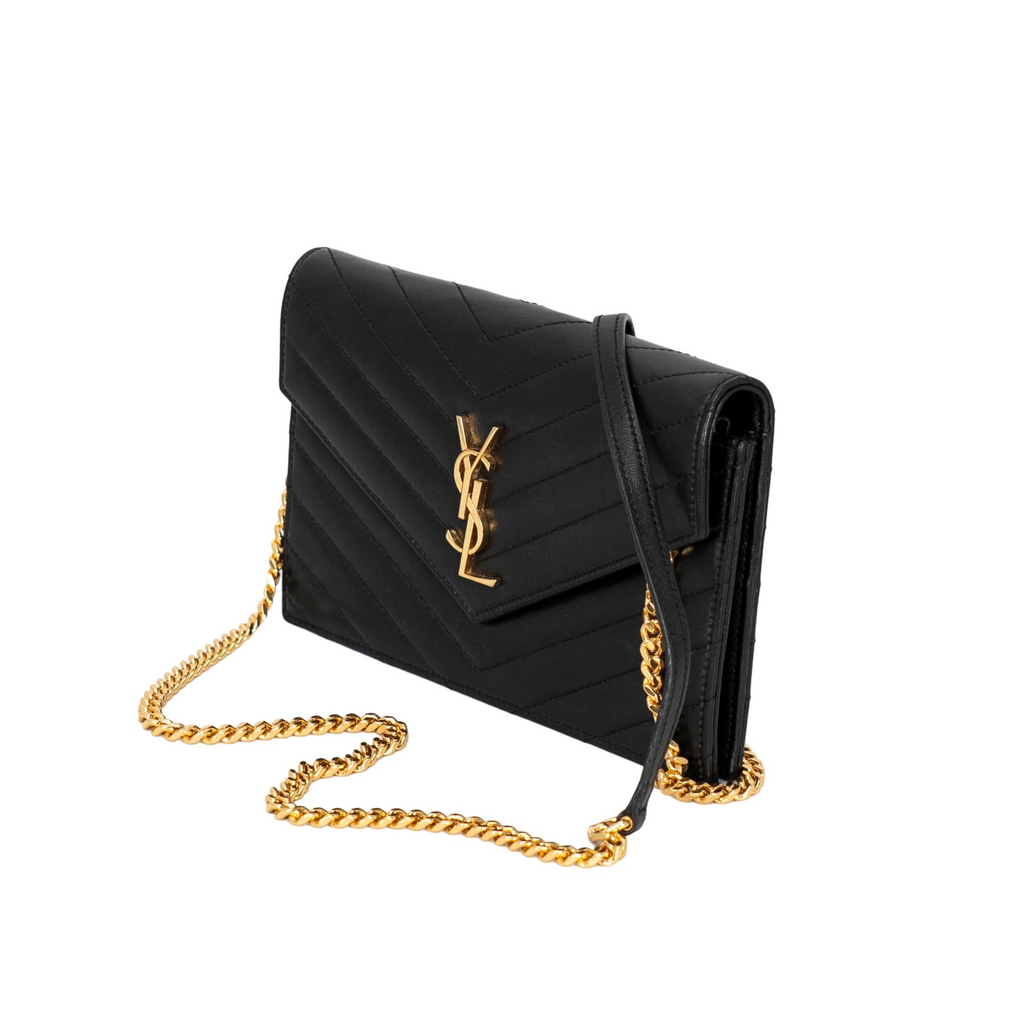 Your Bag Now Mine Saint Laurent Cassandra wallet on chain in black quilted leather with gold YSL monogram hardware