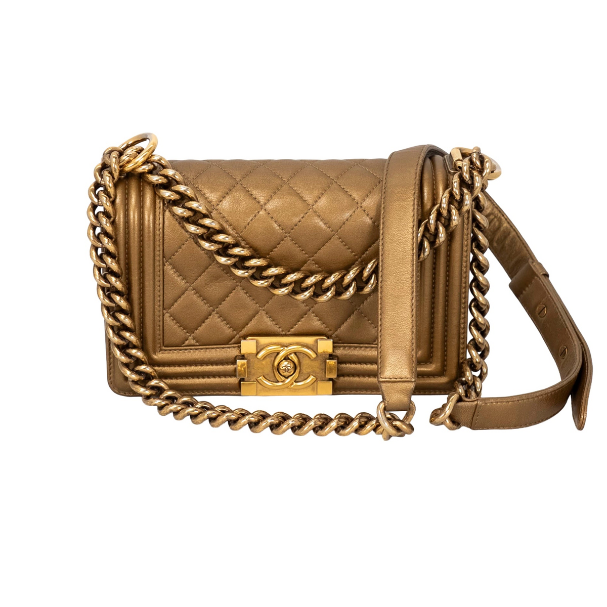Chanel Boy Flap Bag in metallic bronze/gold quilted leather featuring aged or antique gold-tone hardware