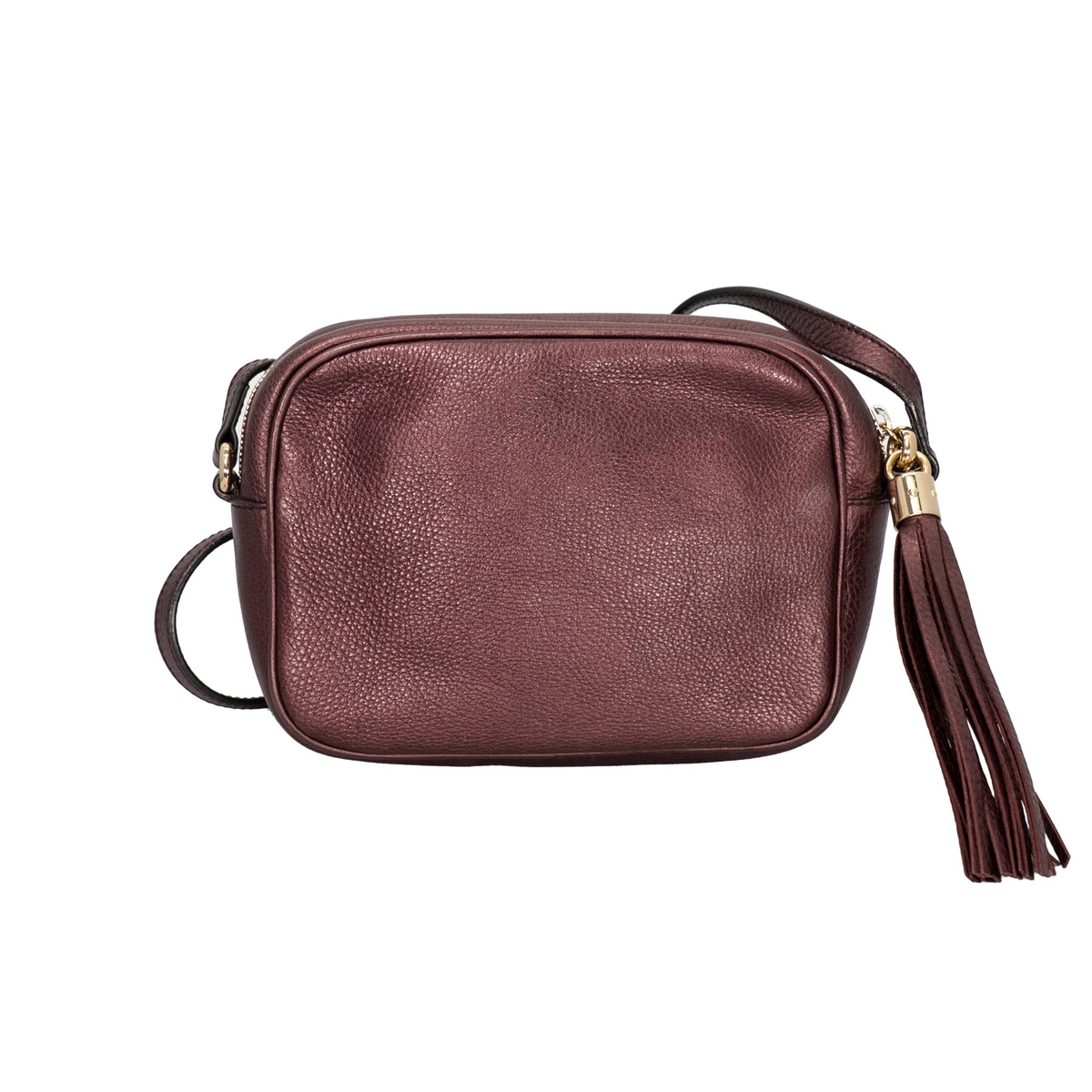 Back view of Gucci Metallic Pebbled Calfskin Small Soho Disco Bag