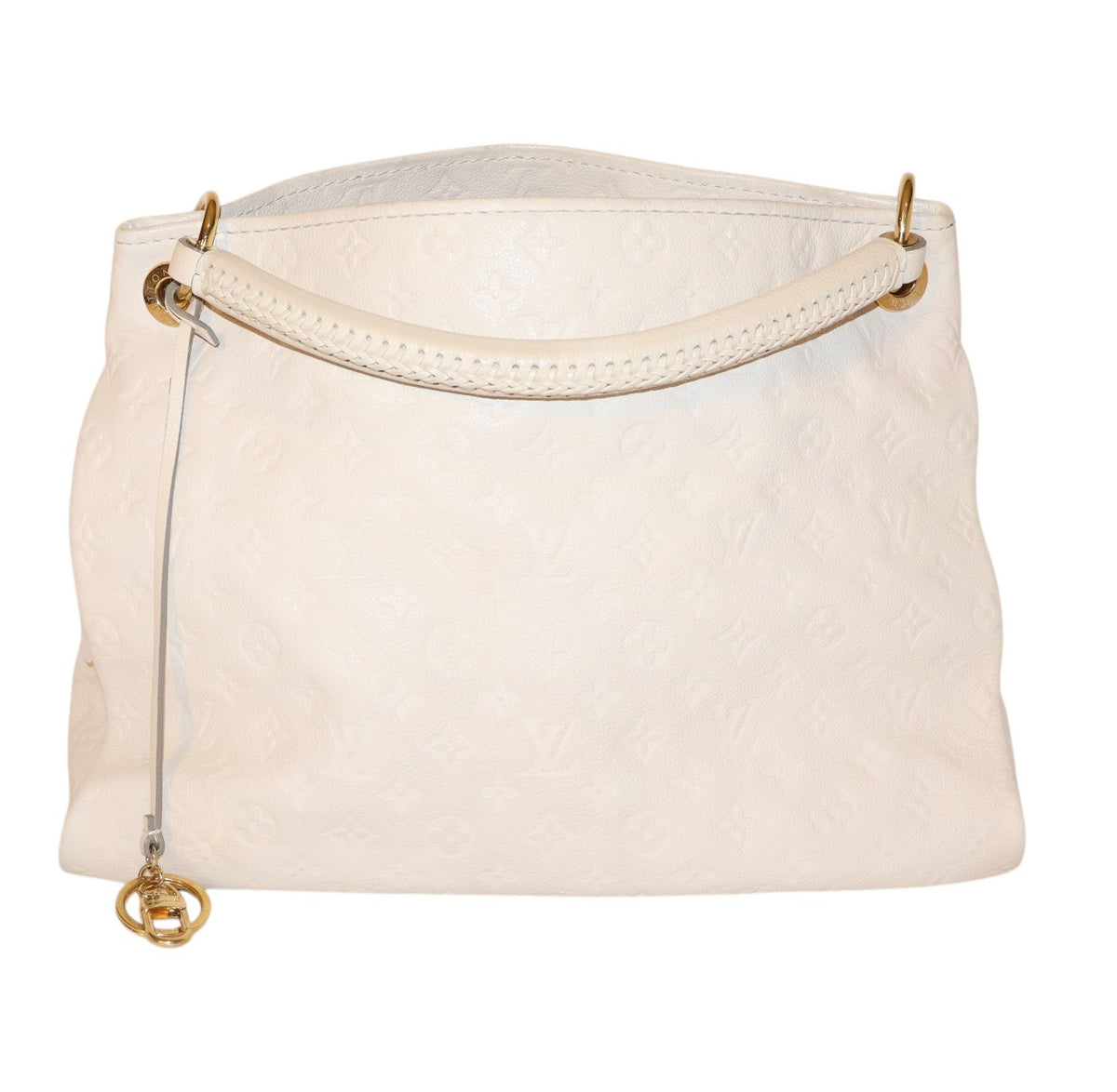 front view Louis Vuitton cream-colored embossed leather handbag with gold-tone hardware, featuring a top handle and a zipper closure with a gold keyring charm.