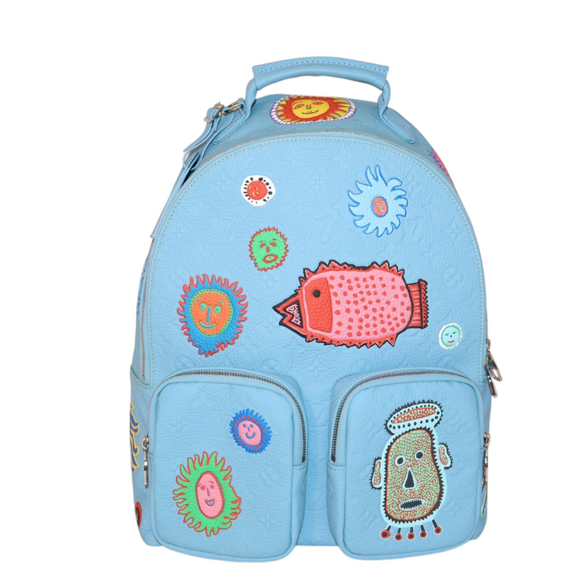 A Louis Vuitton - LV x Kusama Backpack light blue textured leather backpack decorated with colorful cartoon-style patches, including a pink fish, a green flower, a blue flower, and a beige totem pole figure.