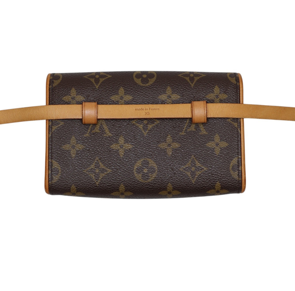 back view Louis Vuitton monogram canvas pochette belt bag style bag with tan leather strap and trim, shown against a plain white background.