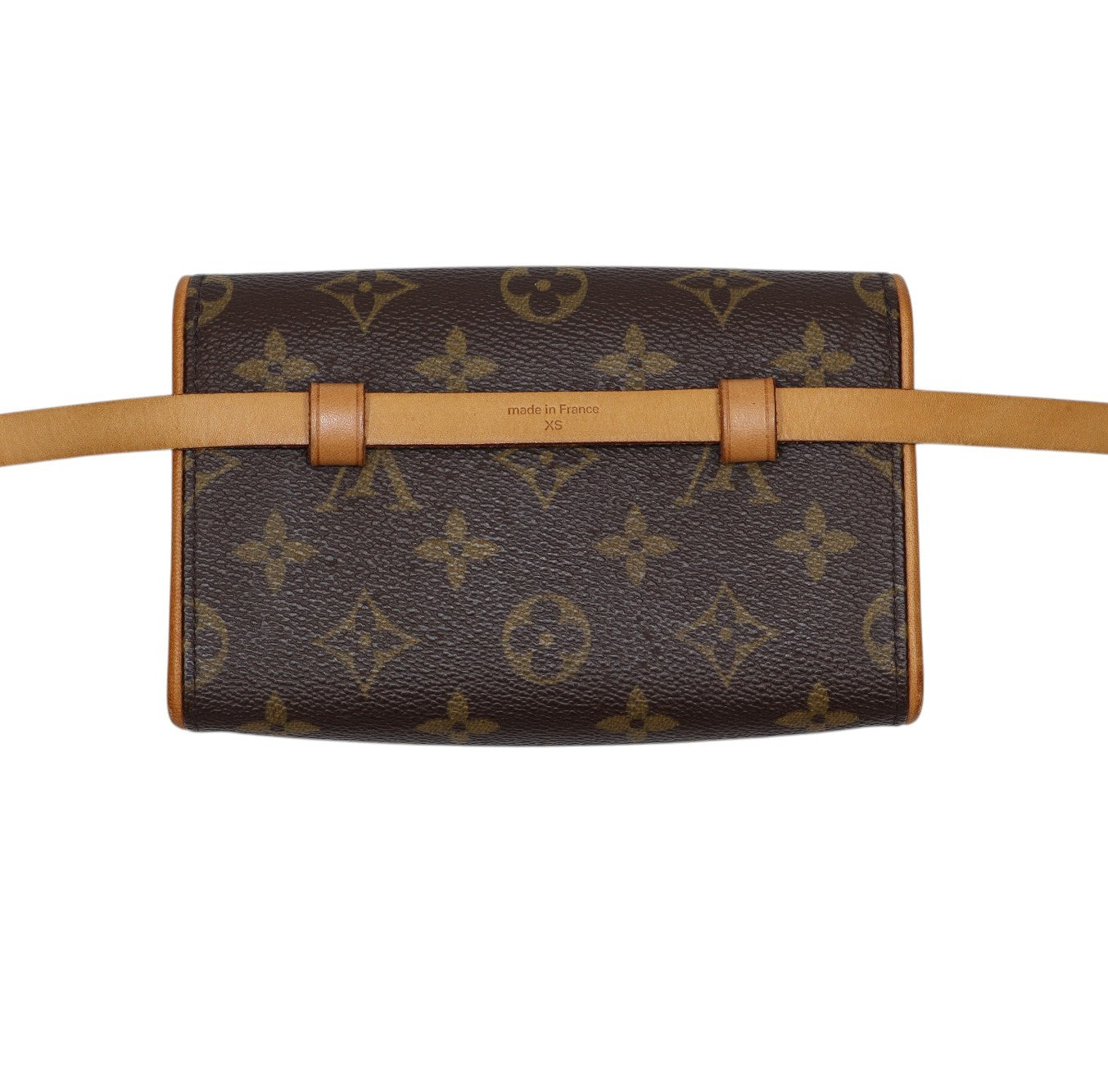 back view Louis Vuitton monogram canvas pochette belt bag style bag with tan leather strap and trim, shown against a plain white background.
