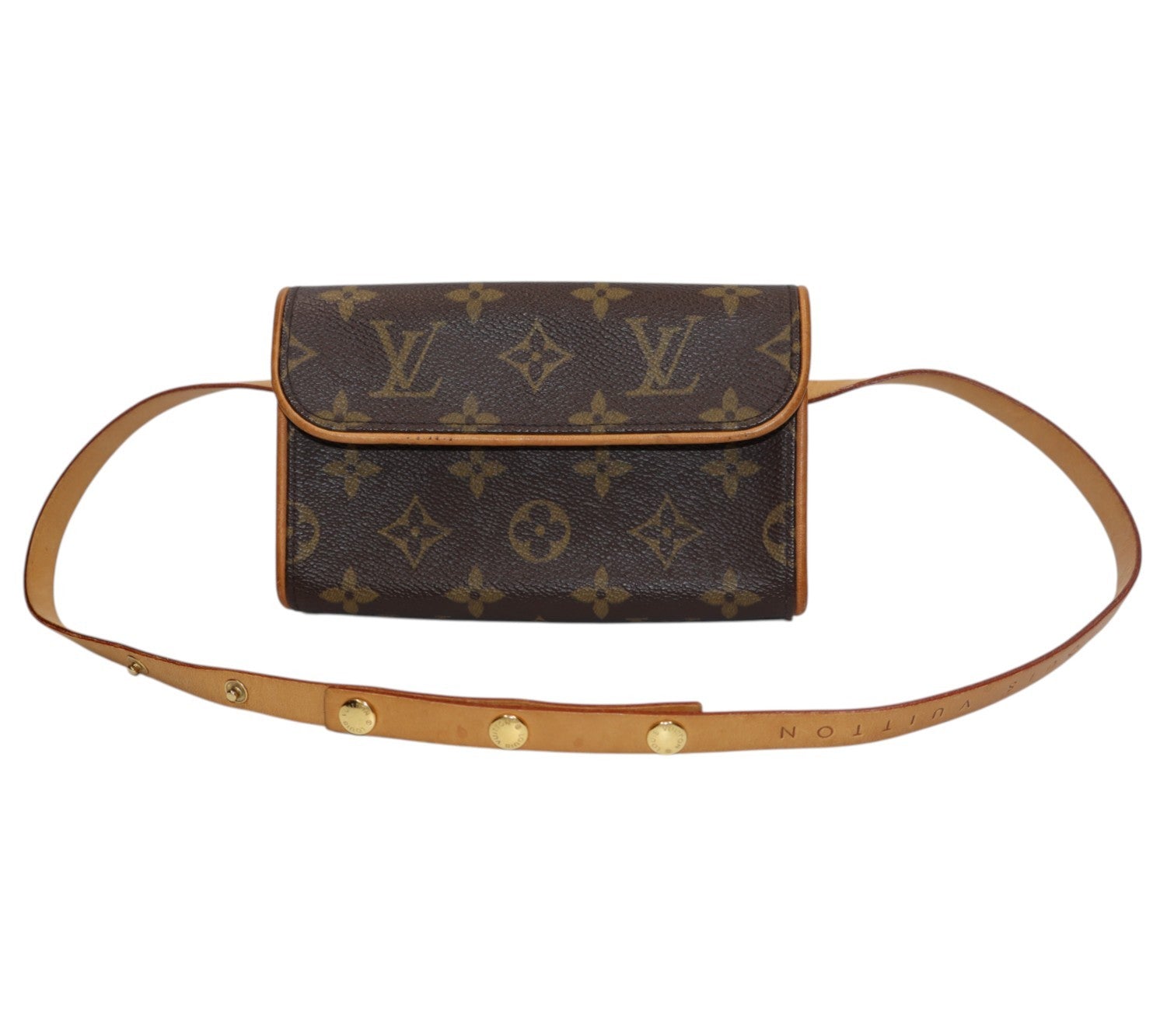 front view Louis Vuitton monogram canvas pochette with a brown leather strap and gold-tone hardware, displayed against a solid white background.