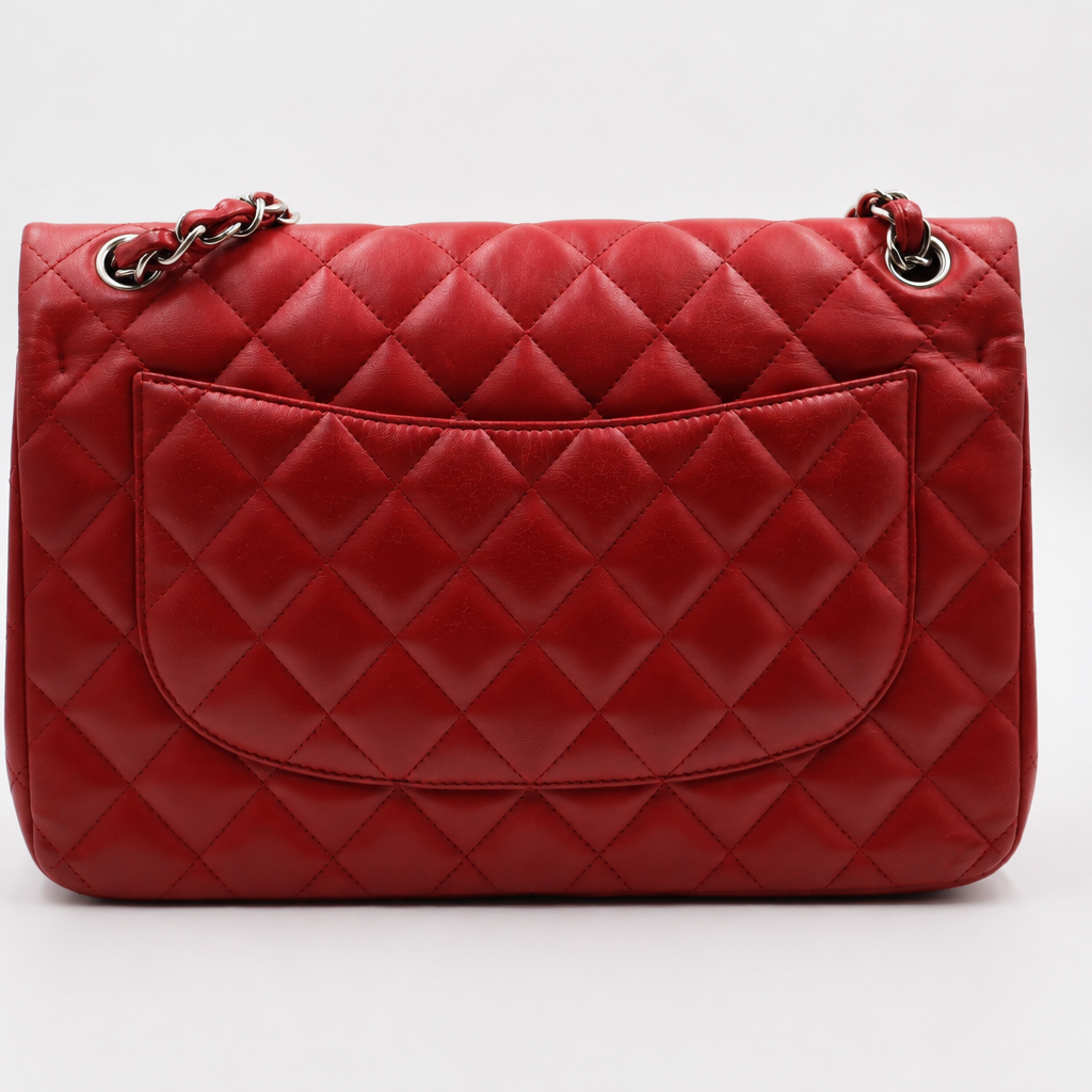 back view Chanel red quilted leather shoulder bag with a diamond pattern, featuring a front flap pocket and a chain strap, photographed against a white studio background with softbox lighting.