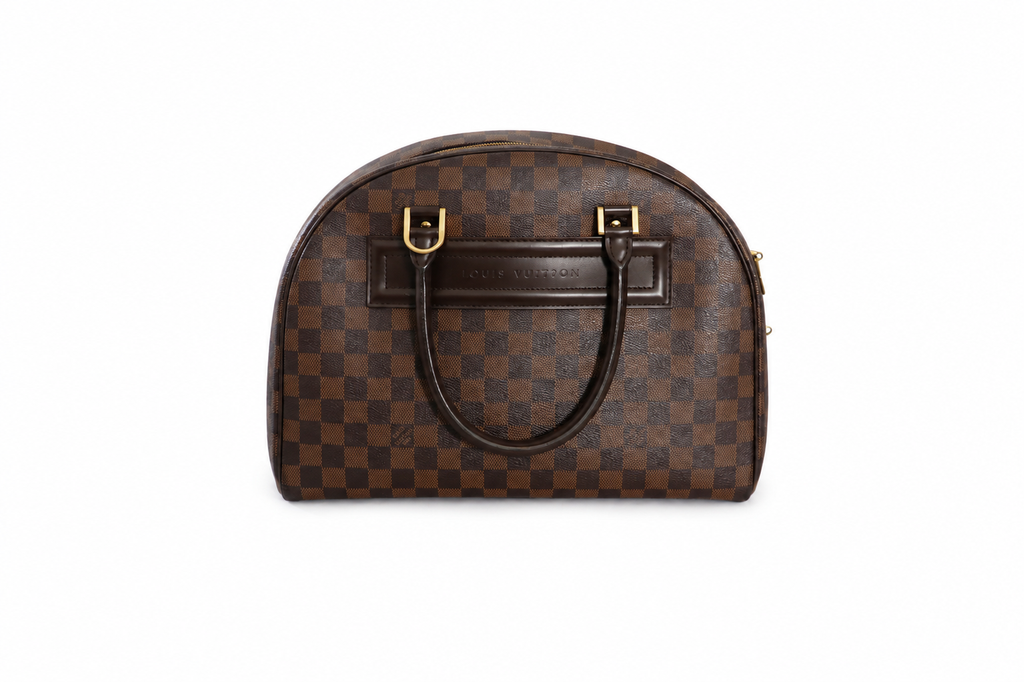 A Louis Vuitton monogram handbag in brown Damier Ebene canvas with dark brown leather trim and gold-tone hardware, shown against a plain white background.