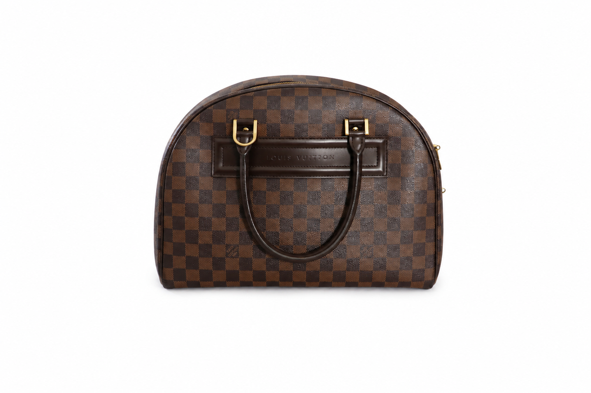 A Louis Vuitton monogram handbag in brown Damier Ebene canvas with dark brown leather trim and gold-tone hardware, shown against a plain white background.