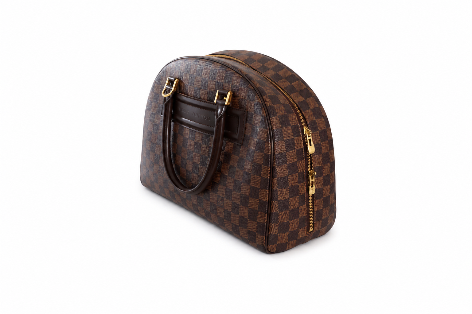 A Louis Vuitton handbag in the brand's signature brown and dark brown checkerboard Damier Ebene canvas, featuring a structured dome shape, dark brown leather handles, and gold-tone hardware, shown on an angle on a plain white background.