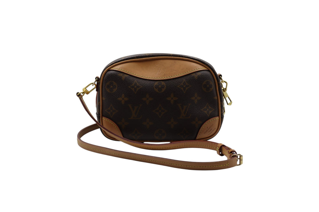 back view Louis Vuitton monogram crossbody bag in dark brown coated canvas with tan leather trim and a matching adjustable shoulder strap, shown on a plain white background.