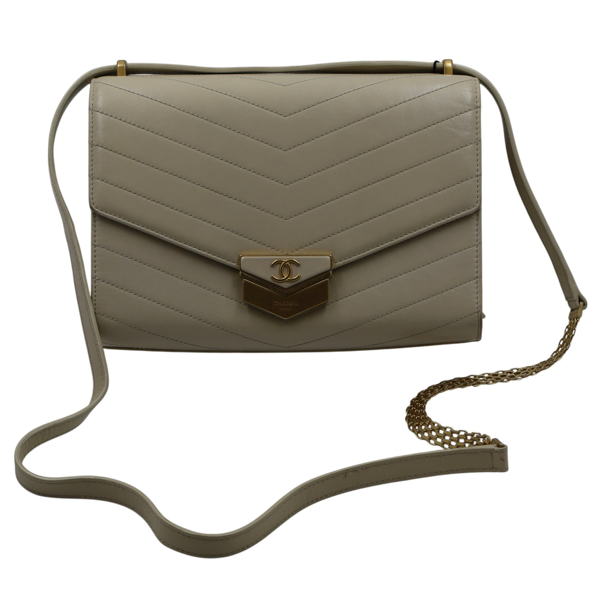 Chanel - Calfskin Chevron Quilted Large Medal Flap