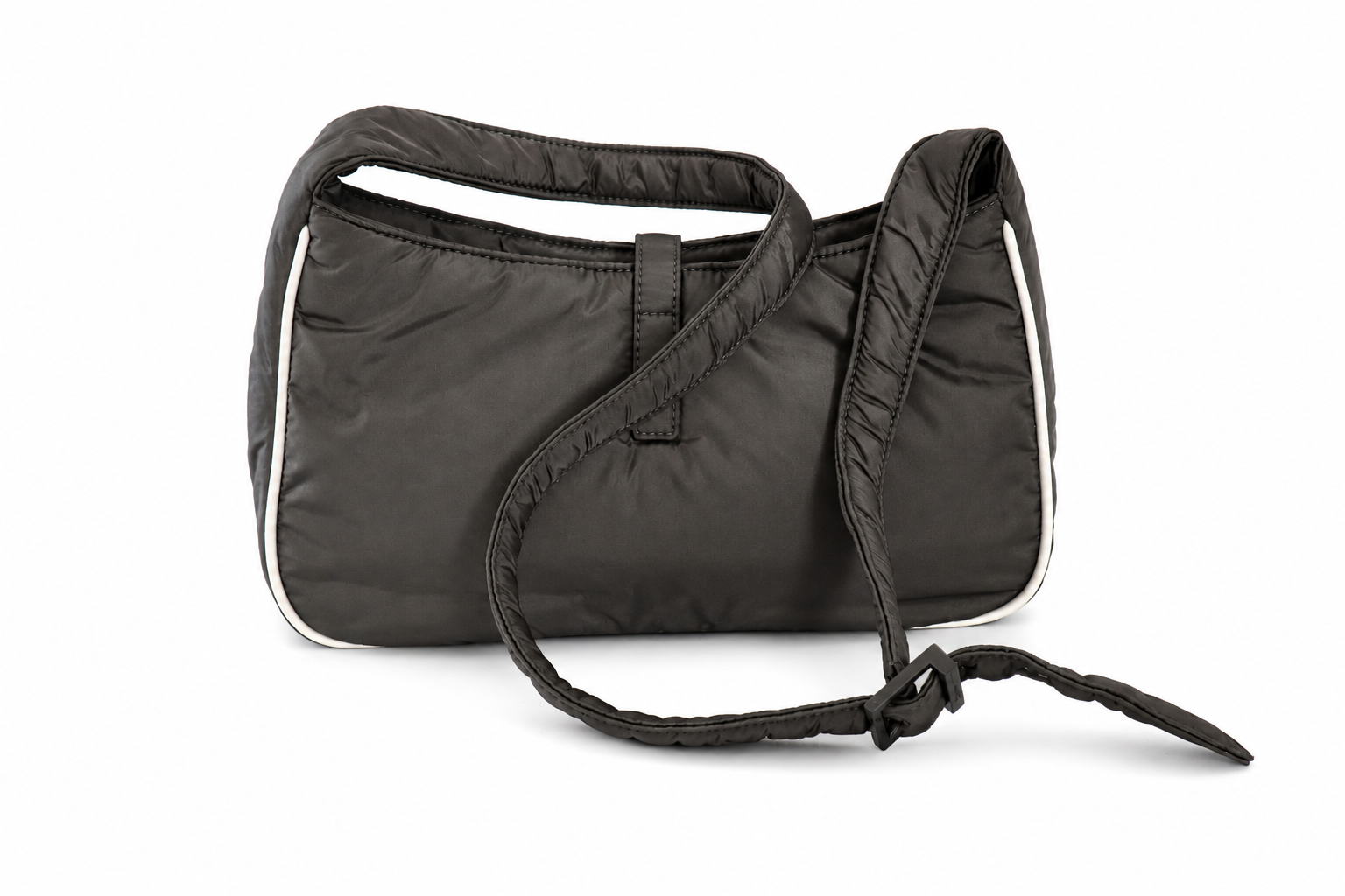 Yves Saint Laurent dark grey nylon shoulder bag with white piping trim and a matching black shoulder strap, shown on a plain white background.