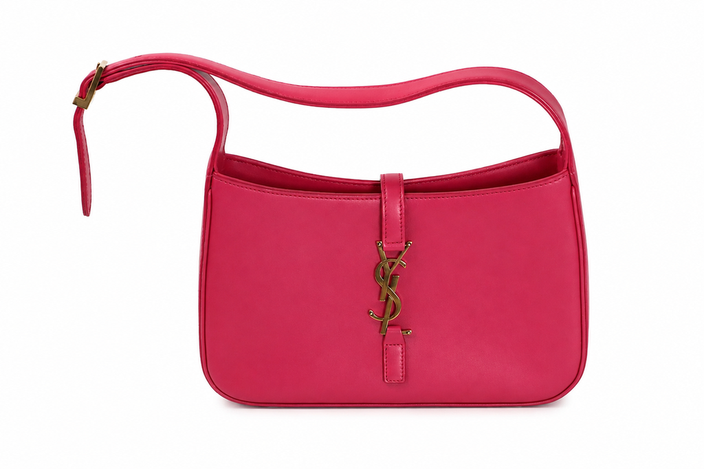 Yves Saint Laurent bright pink leather shoulder bag with a gold-tone YSL logo clasp, shown on a plain white background.