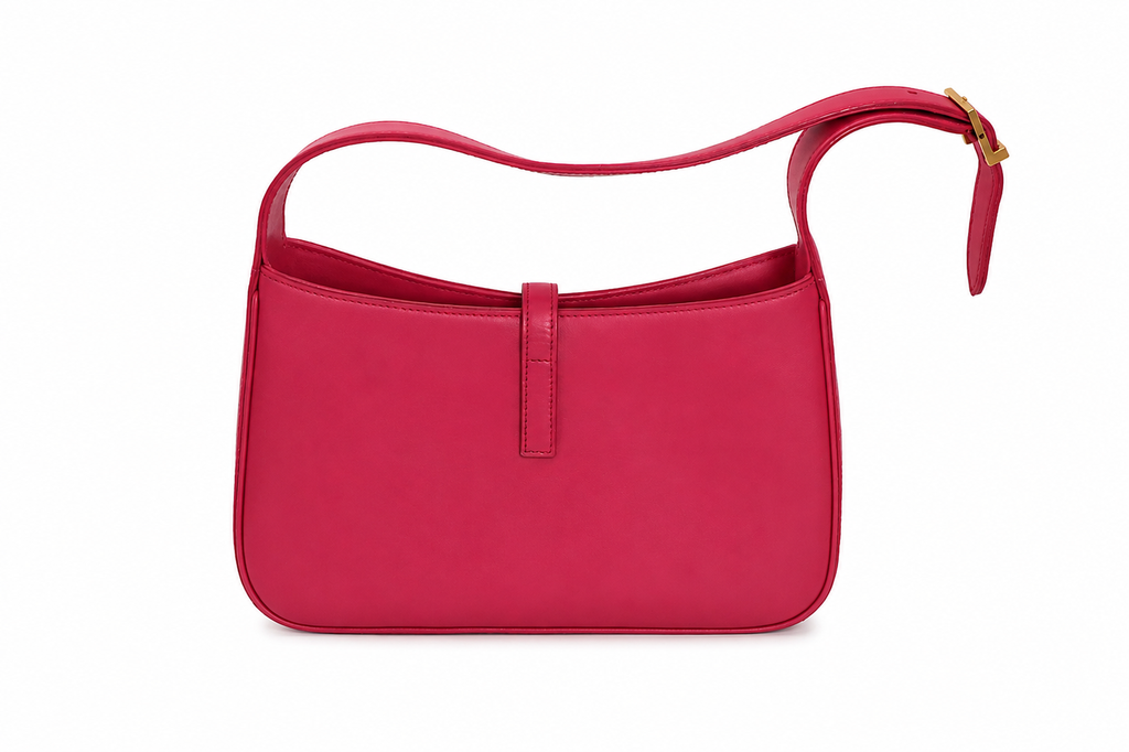 Yves Saint Laurent bright pink leather shoulder bag with a single strap and a small gold-tone buckle, shown against a plain white background.