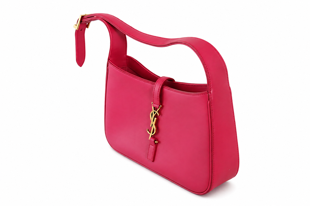 Yves Saint Laurent bright pink leather shoulder bag with a gold-tone YSL monogram clasp, shown on a clean white background.