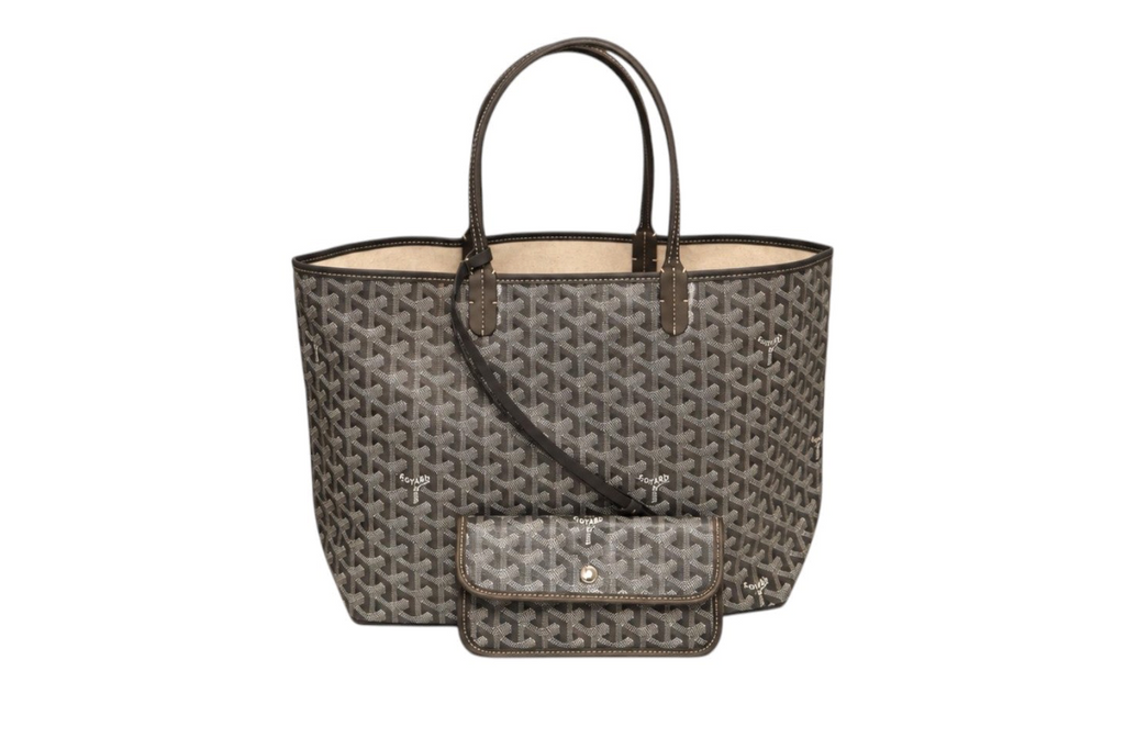 Front view of Goyard Saint Louis tote bag in gray and black Goyardine canvas with dark leather shoulder handles and matching detachable pouch on a white background.