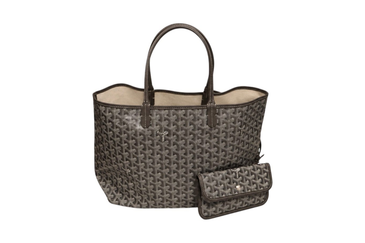 Back view of Goyard Saint Louis tote bag in gray and black Goyardine canvas with dark leather shoulder handles, open top, and matching detachable pouch displayed on a white background.