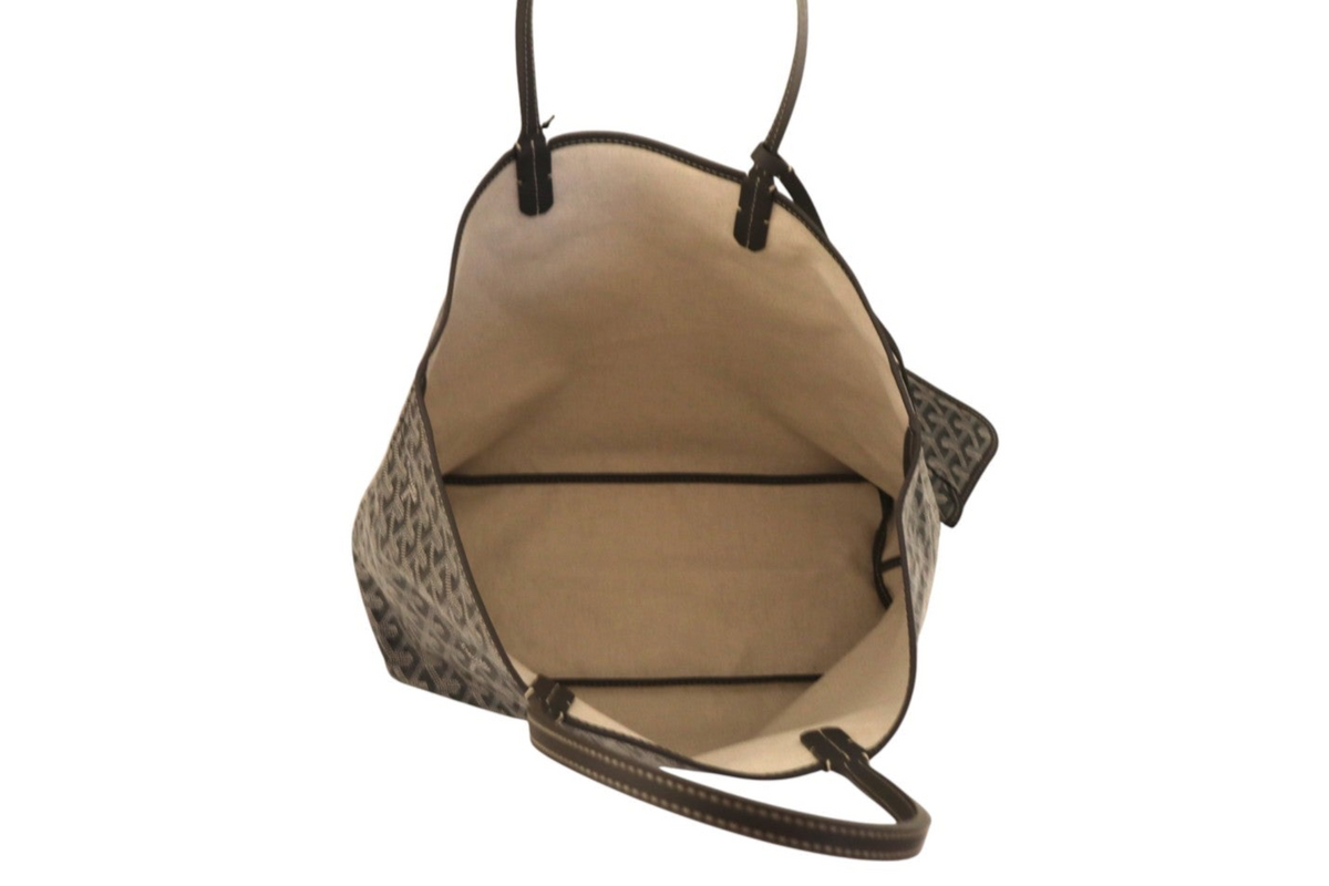 Top-down interior view of Goyard Saint Louis tote bag showing beige canvas lining, dark leather trim, and open-top design on a white background.