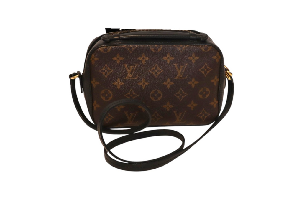 Back view of Louis Vuitton Monogram canvas crossbody camera bag with black leather trim, gold-tone hardware, top zipper closure, and long black leather shoulder strap on a white background.