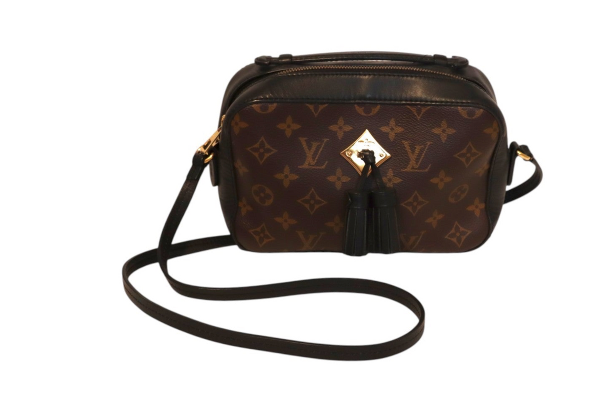 Front view of Louis Vuitton Monogram canvas crossbody camera bag with black leather trim, gold-tone hardware, black leather tassels, and adjustable shoulder strap on a white background.