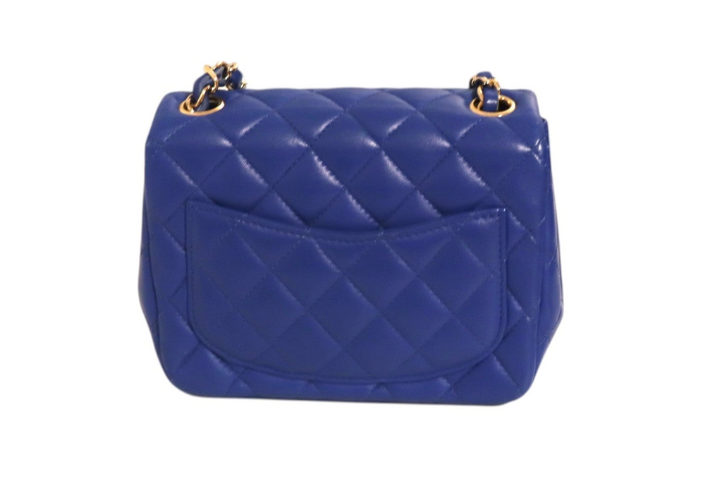 Chanel electric blue quilted leather mini classic shoulder bag with gold-tone chain strap back view