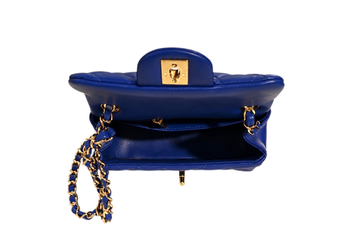 Chanel electric blue leather mini classic shoulder bag with gold-tone chain strap view from top showing interior