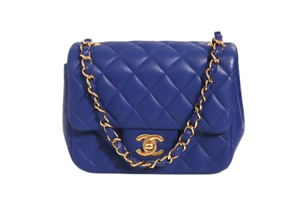 Chanel electric blue quilted leather mini classic shoulder bag with gold-tone chain strap front view