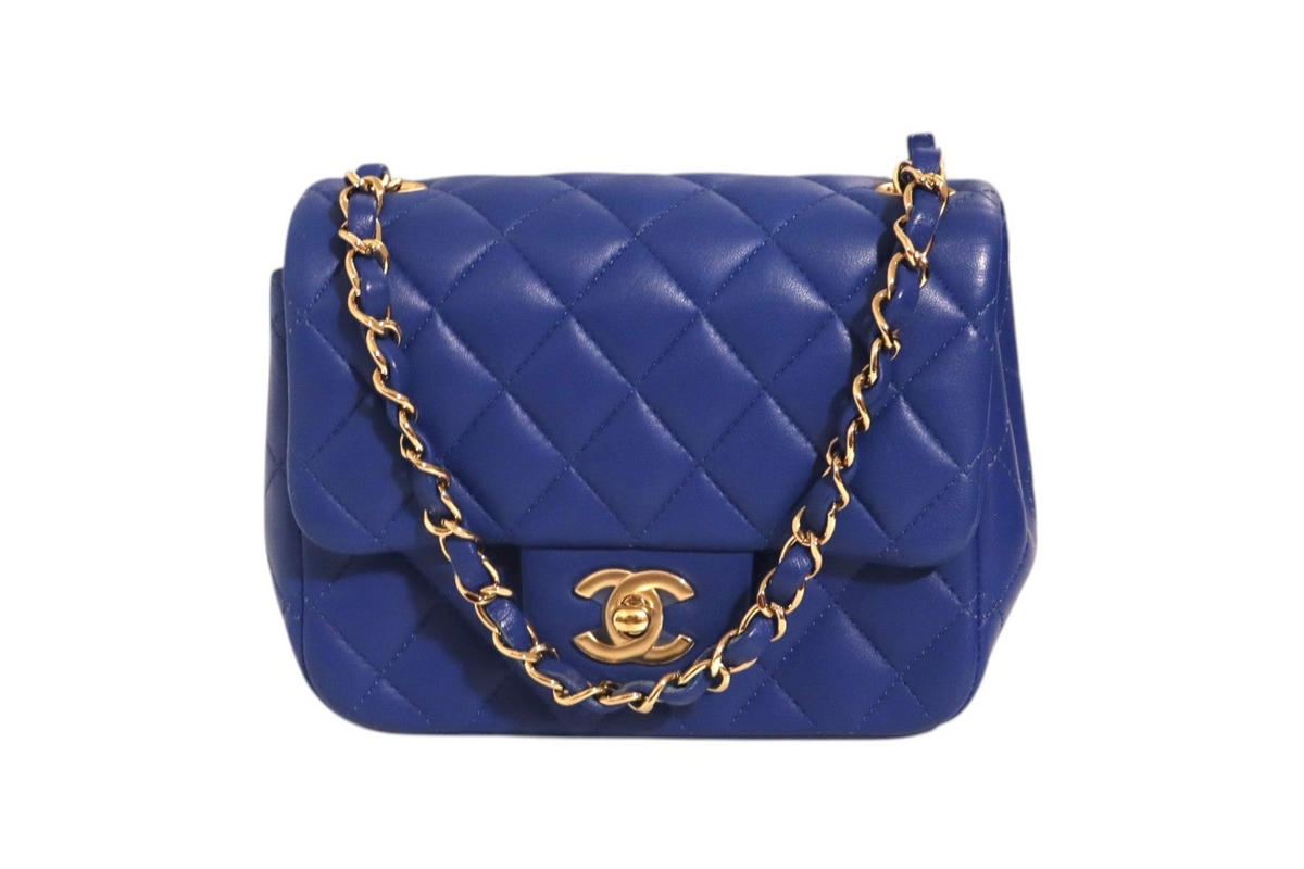 Chanel electric blue quilted leather mini classic shoulder bag with gold-tone chain strap front view
