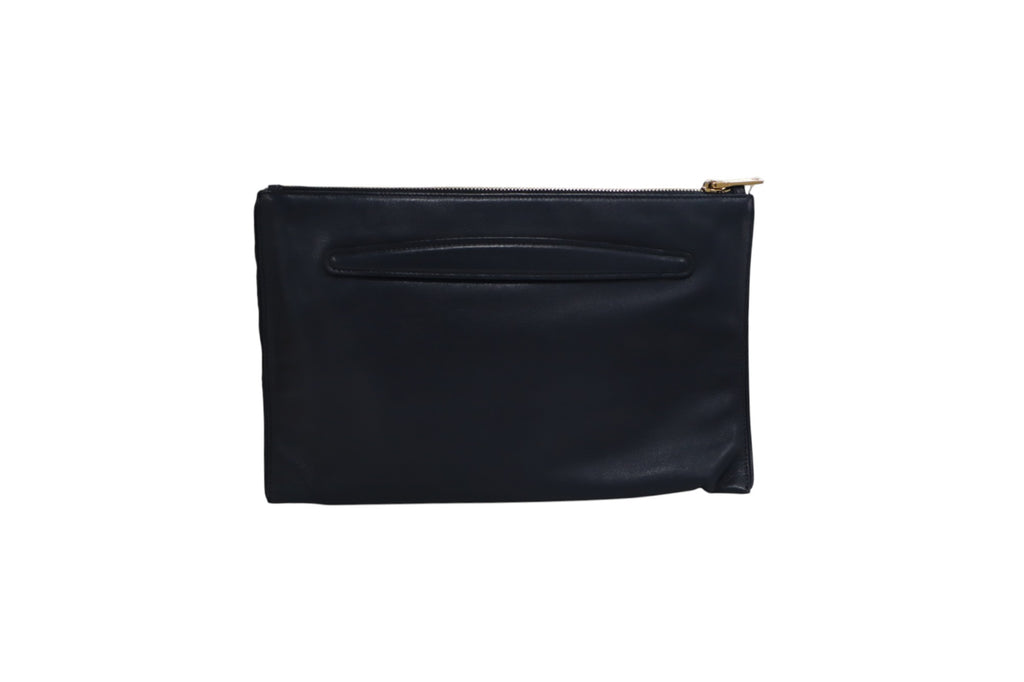 back view of a black leather Miu Miu clutch pouch with a gold zipper pull, shown against a plain white background.
