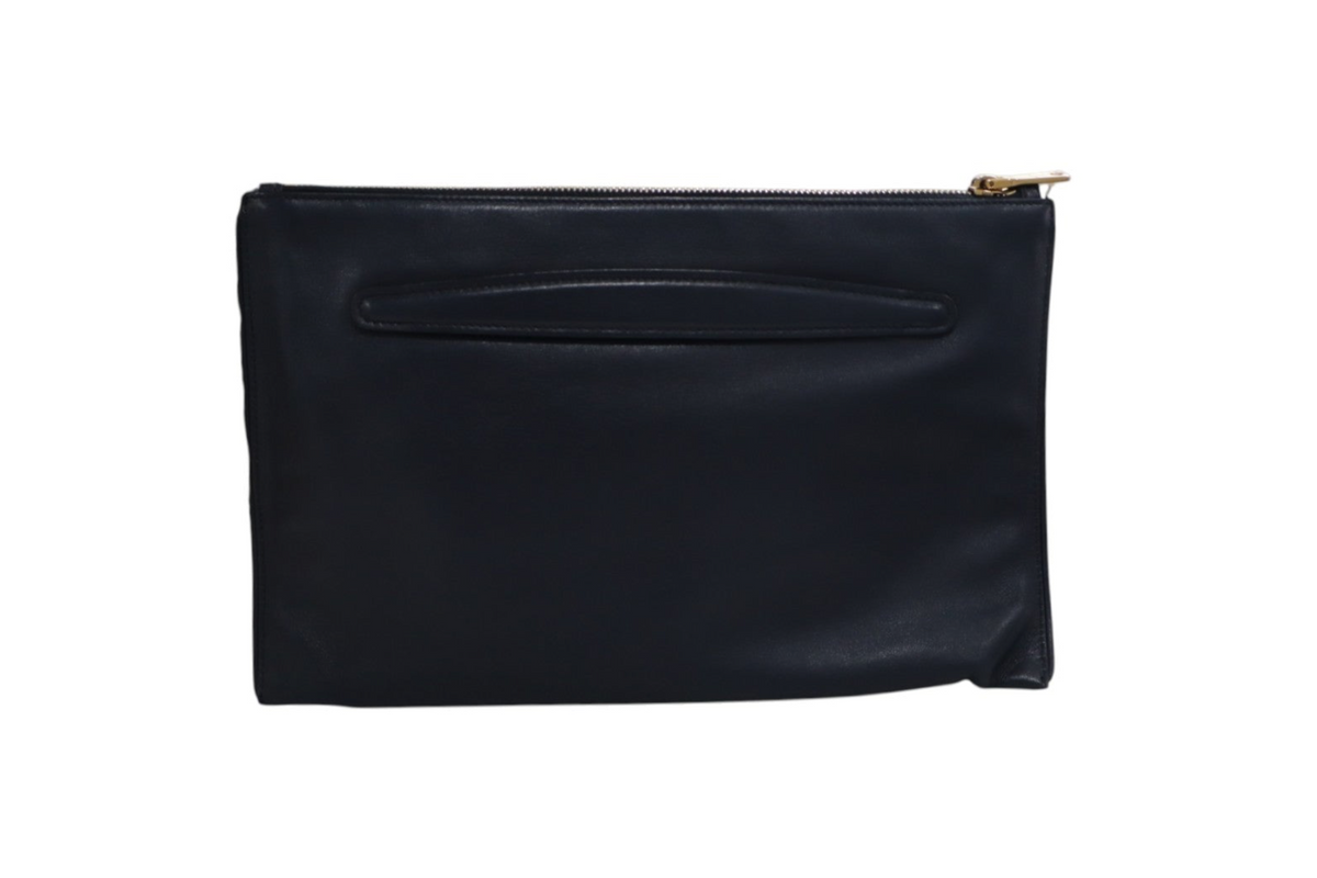 back view of a black leather Miu Miu clutch pouch with a gold zipper pull.