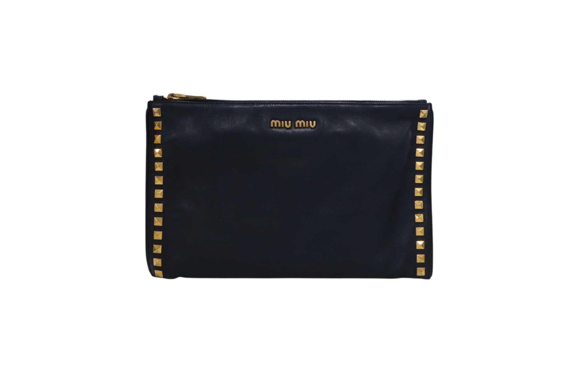 front view black leather Miu Miu zip-around pouch with gold-tone studs along the edges and a gold logo on the front, set against a plain white background.