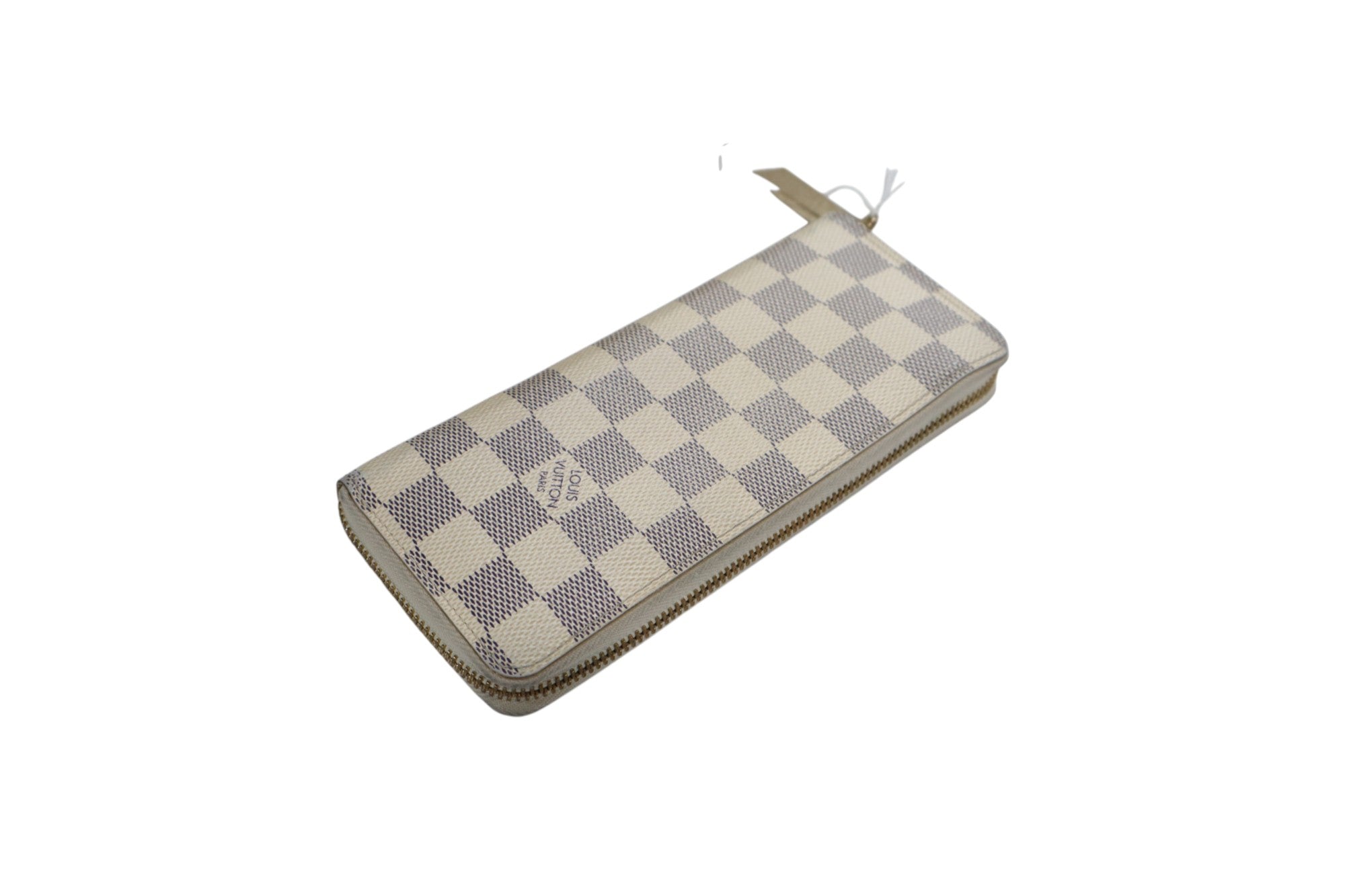 laying flat view of Louis Vuitton zip-around wallet in the Damier Azur checkered canvas, featuring a beige and gray pattern with a small brand logo on the front, shown on a plain white background.