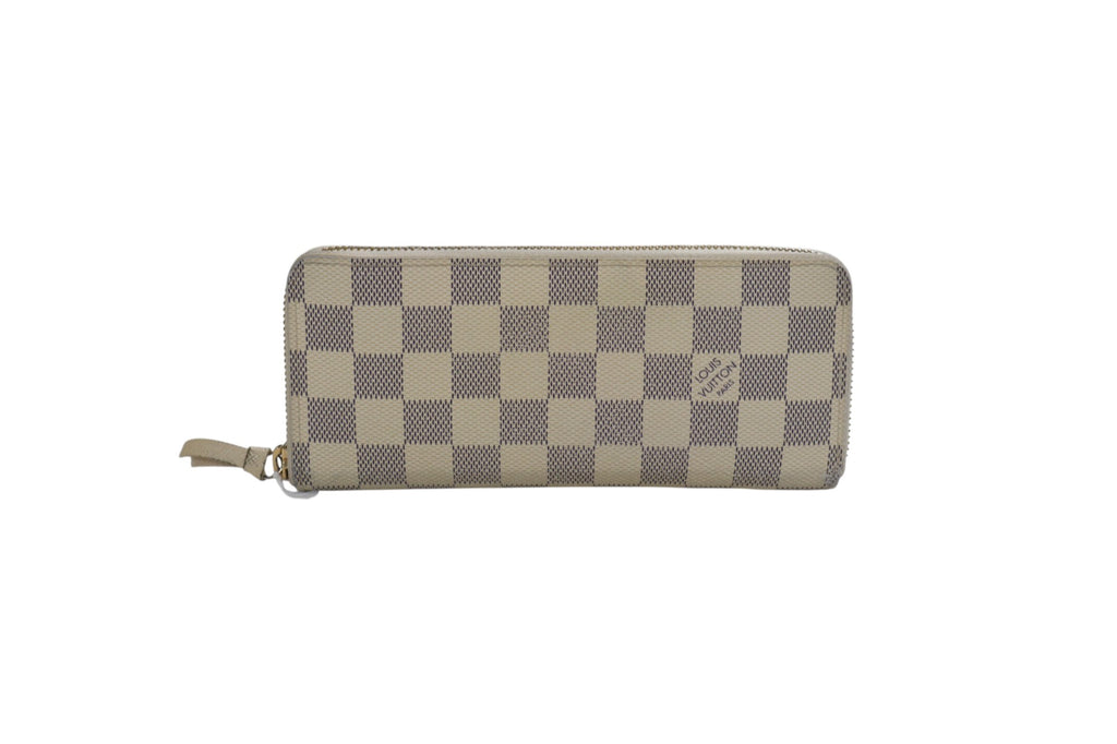 front view louis vuitton long zip-around wallet in a beige and gray checkerboard pattern, shown against a plain white background.