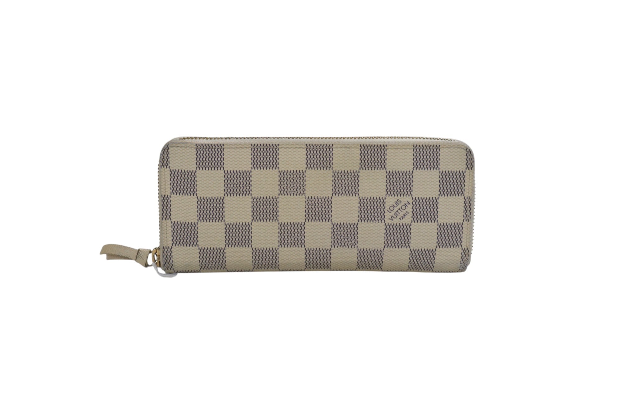 front view louis vuitton long zip-around wallet in a beige and gray checkerboard pattern, shown against a plain white background.