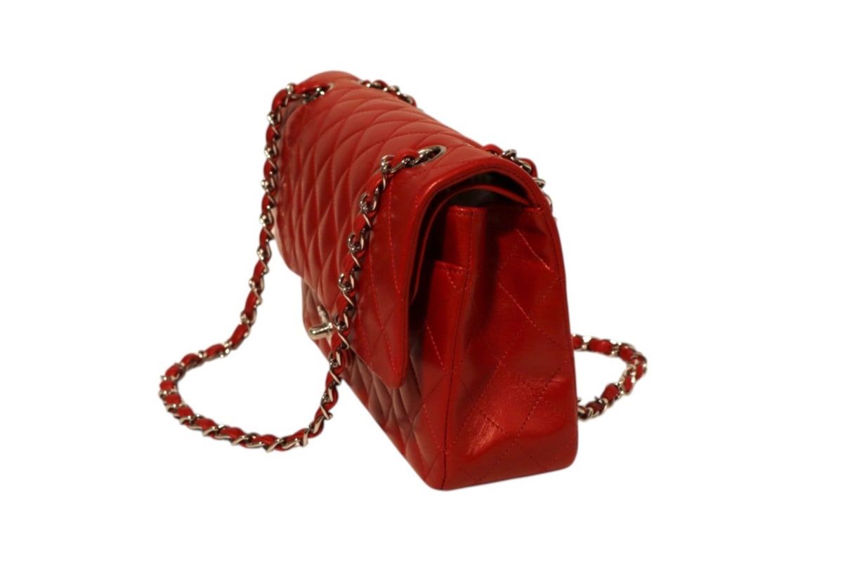 Chanel small red quilted lambskin leather double flap shoulder bag with silver-tone chain strap