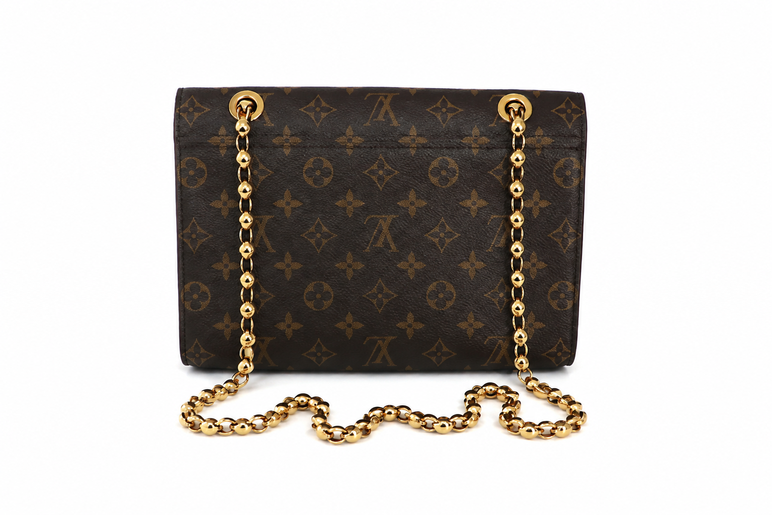 A Louis Vuitton monogram canvas shoulder bag in dark brown with gold-tone chain strap and gold hardware, shown against a plain white background.